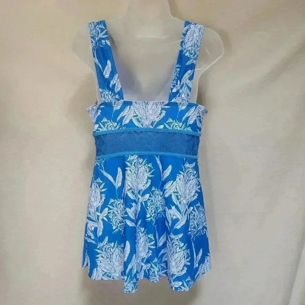 NWOT Sky Blue & White XL Swimdress‎ Top Only Wide Lace Band Gathered Shoulders